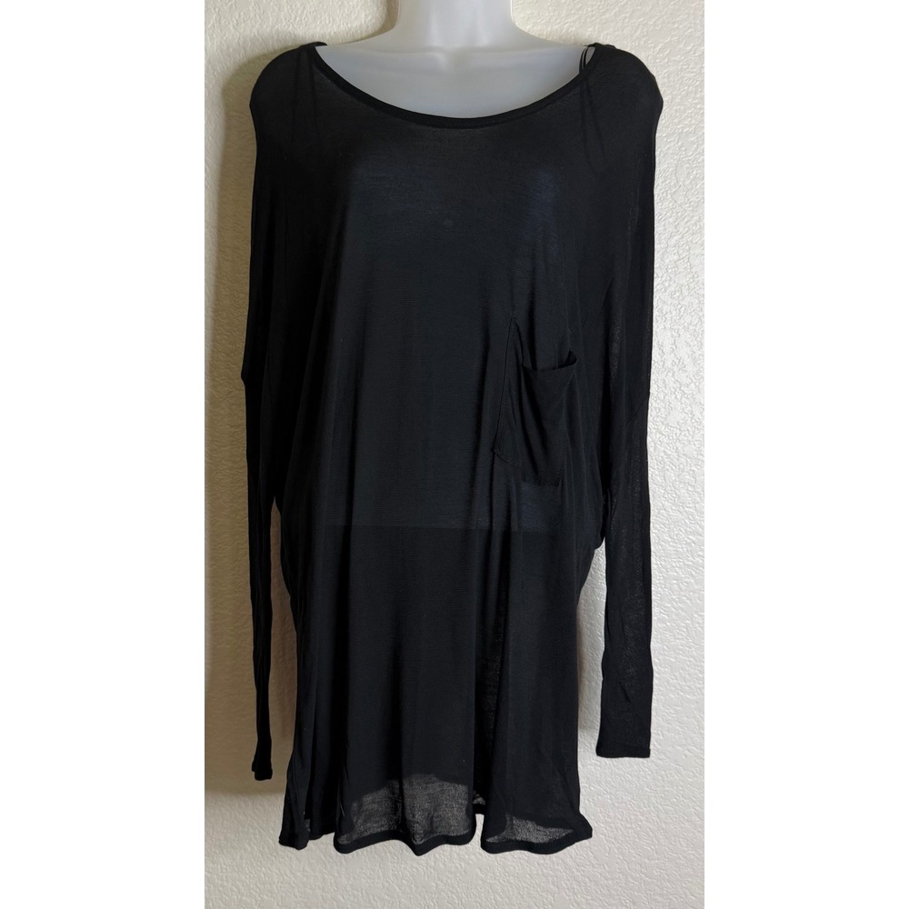 Zara Womens M Tunic Top Black Long Sleeve Sheer Pocket Oversized Scoop Neck NEW